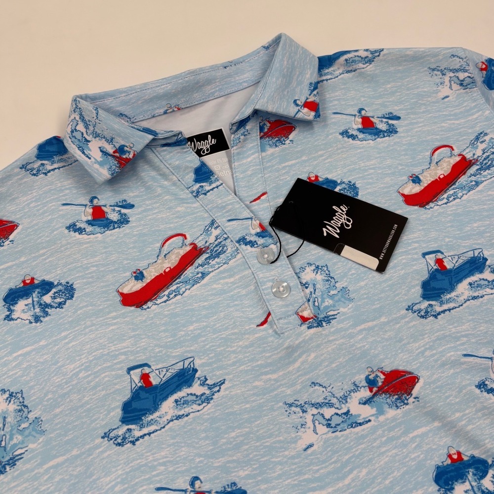 Waggle Golf‎ Mens 2XL Blue Water Sports Print Performance Polo Shirt NWT
